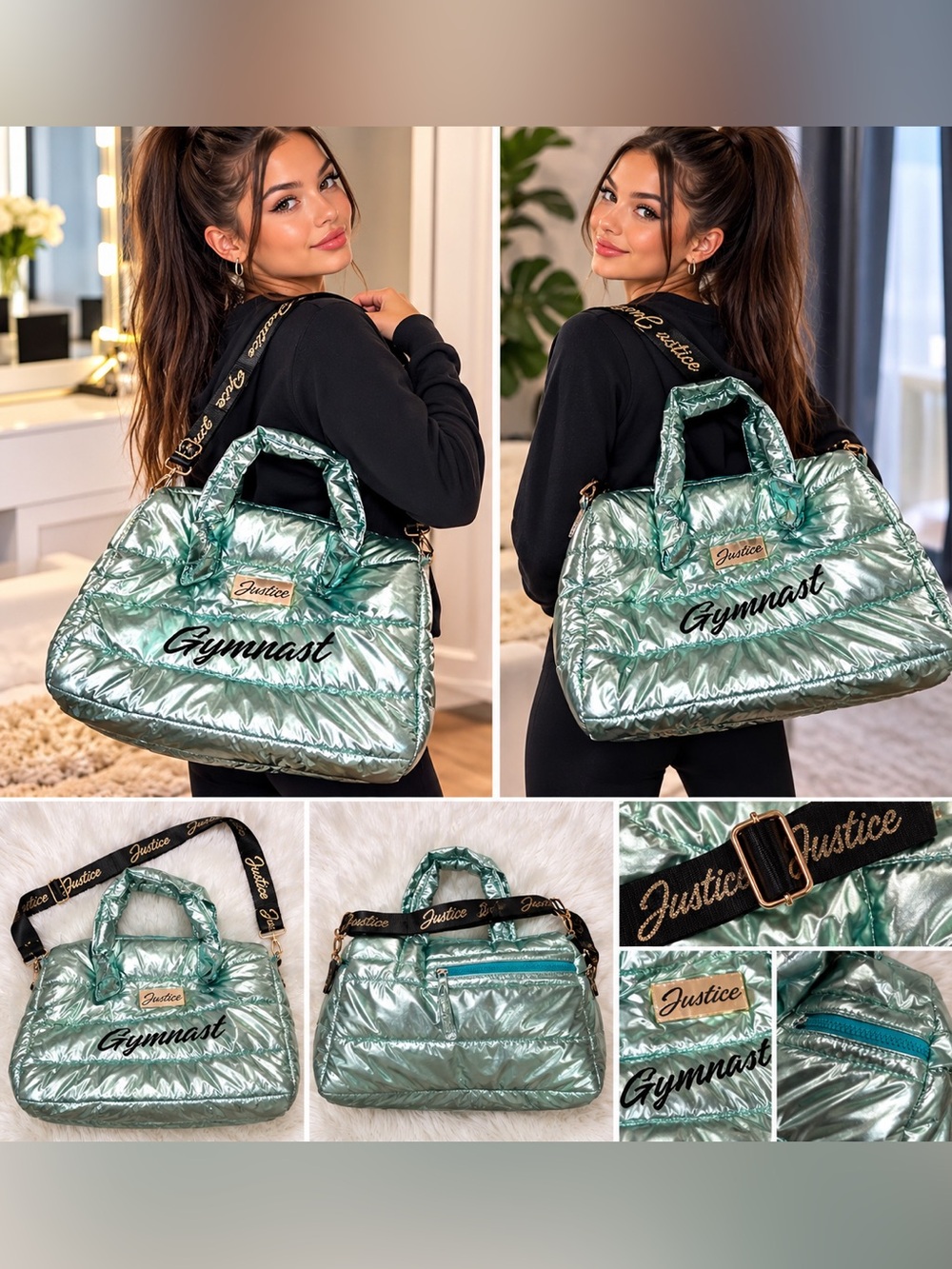 BRAND NEW Justice Metallic Mint Green Quilted Bag with Black logo Strap Unique